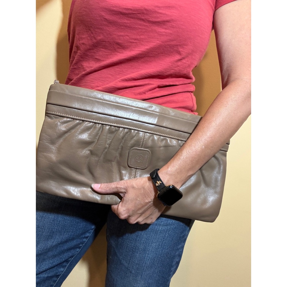 Vintage Taupe Faux Leather Oversized Sun Face Logo Gathered Zipper Clutch Bag